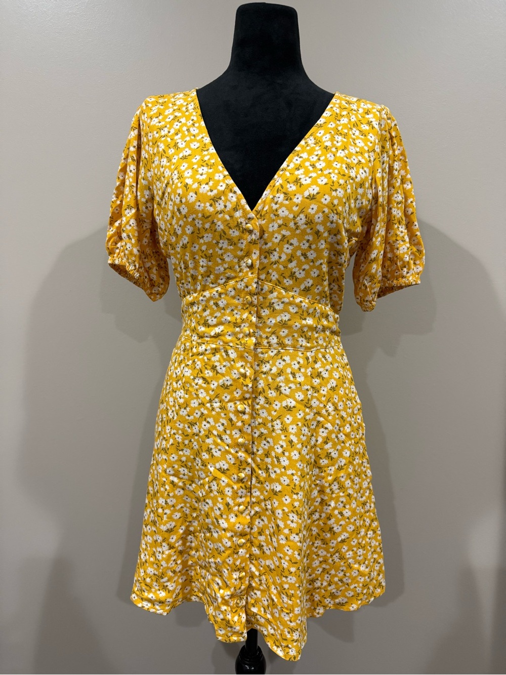 Abercrombie & Fitch Floral Button Front Cinched Front Puff Sleeve Mini Dress
